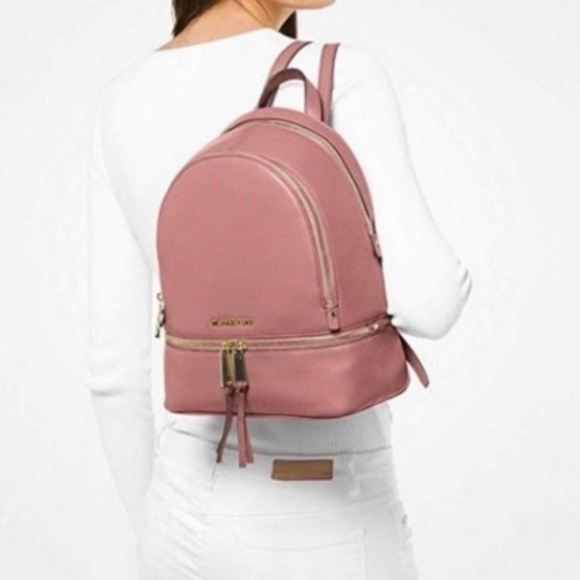 NWT Michael Kors Rhea Zip Medium Leather Backpack in Sunset Peach Pink